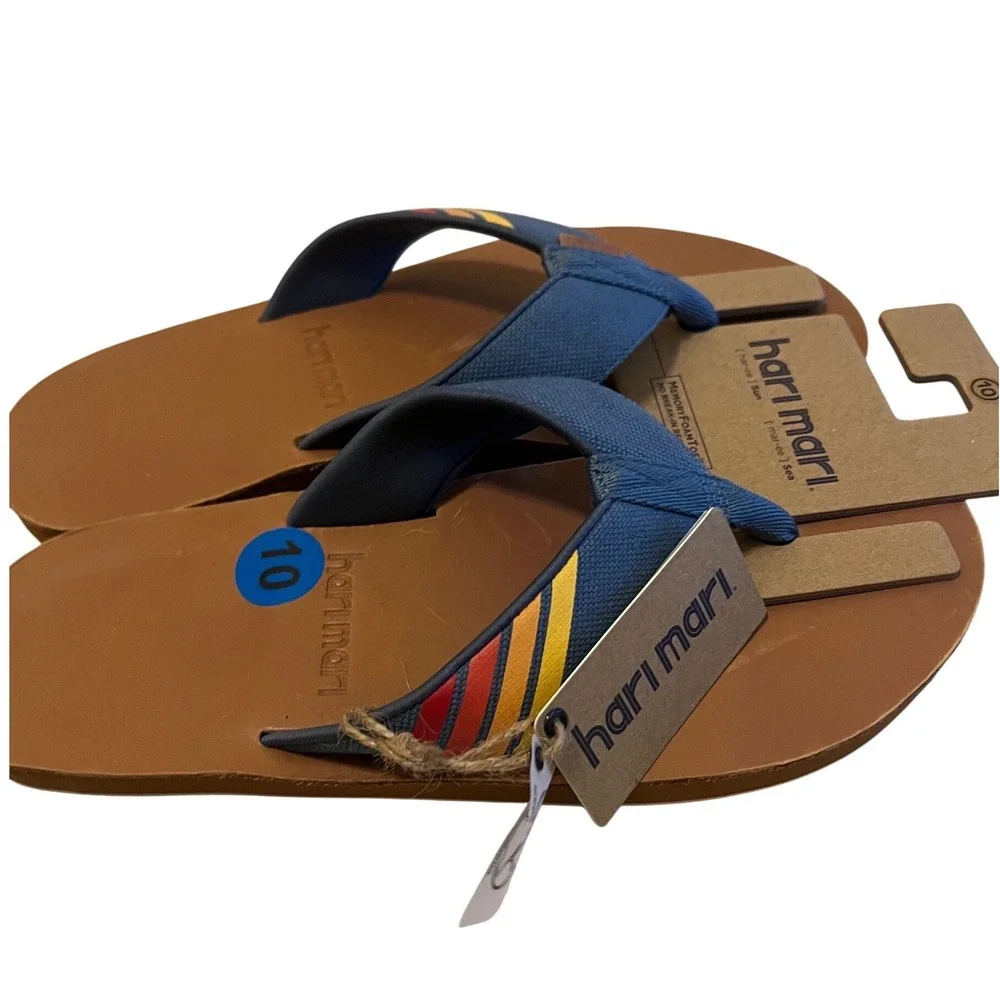 Hari Mari Flip Flops Men's Size 10 Brown Blue Stripe Memory Foam Toe Thong Sanda
